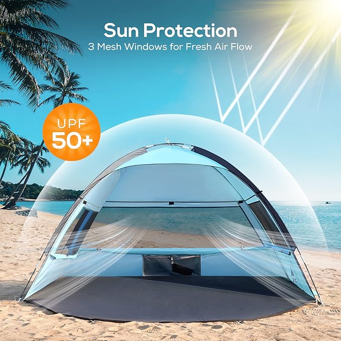 TOURIT Beach Tent 3 Person Instant Sun Shelter with UV Protection for Outdoor Family Beach, Hiking, Fishing