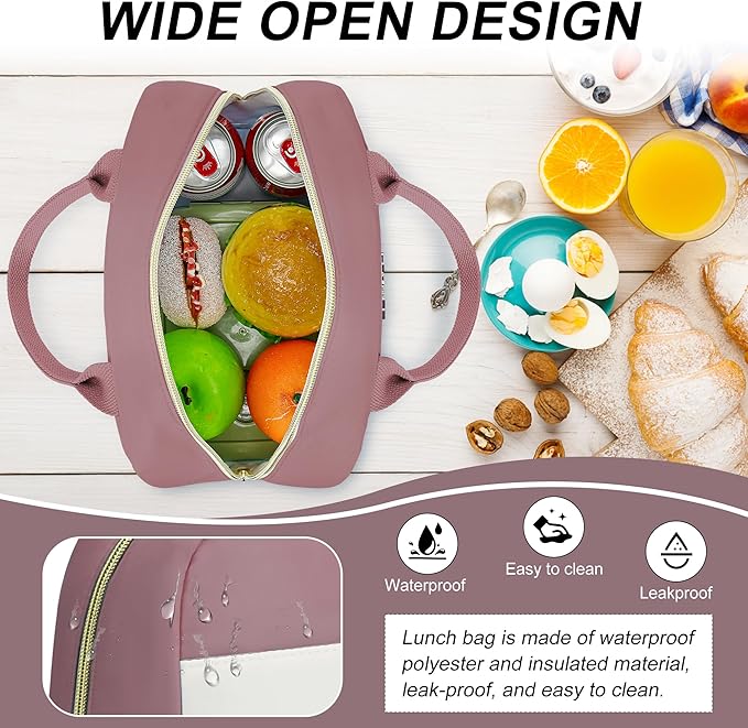 LOKASS Lunch Bag for Women-Insulated Adults Lunch Box with Front Pocket- Small Cute Lunch Tote for Work-Reusable Cooler Bag for Office Picnic Beach or Travel (Pink Purple)