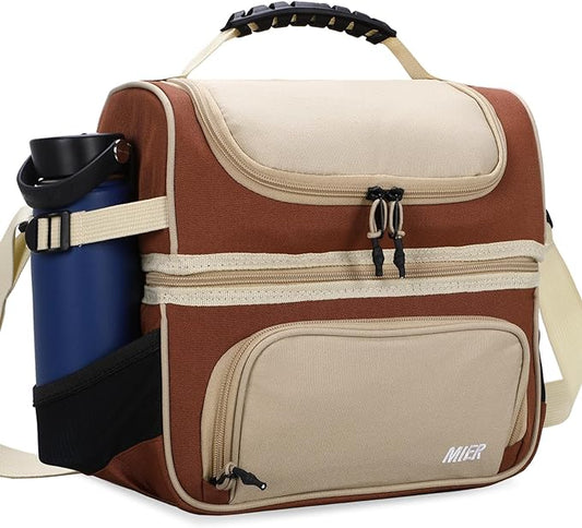 MIER 2 Compartment Lunch Bag Tote with Shoulder Strap for Men and Women Insulated Leakproof Cooler Bag, Khaki