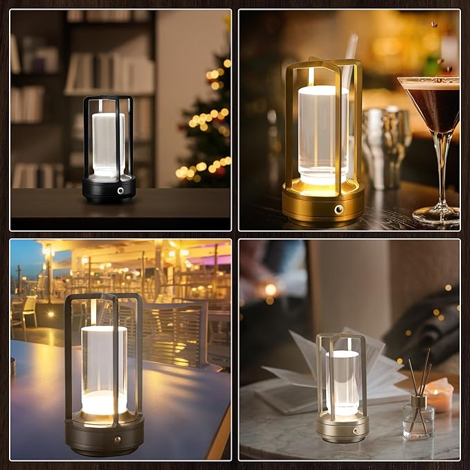 Portable Metal Table Lamp, Cordless Table Lamp, Rechargeable Battery Powered Portable LED Desk Lamp, 3 Color Stepless Dimming Touch, for Bedroom Restaurant Home Outdoor (Grey)