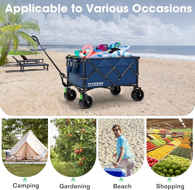 VIVOSUN Collapsible Folding Wagon, Outdoor Utility with Silent All-Terrain Beach Wheels, Adjustable Handle, Cup Holders & Side Pockets, for Camping, Beach, Shopping, Garden, Sports, Picnic, Blue