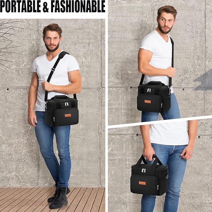 Tiblue Insulated Reusable Lunch Box for Office Work School Picnic Beach, Leakproof Freezable Cooler Bag with Adjustable Shoulder Strap (Medium, Midnight Black)