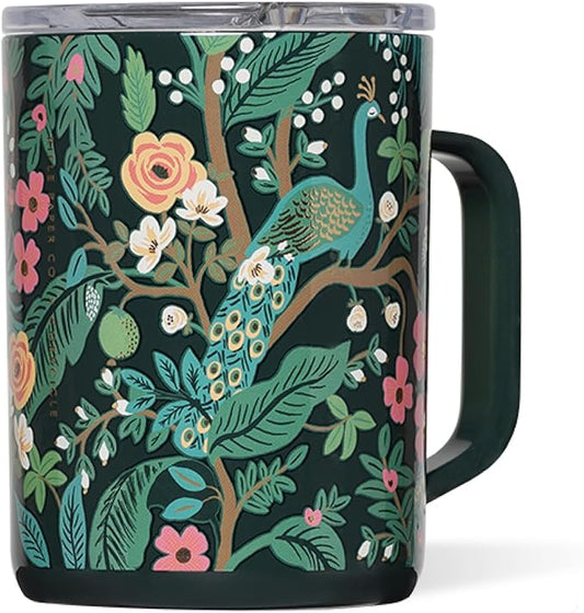 Corkcicle x Rifle Paper Co. Triple Insulated Coffee Mug with Lid & Handle - Keeps Beverages Hot for 3+ Hours - Gift for Mom - Great for Mother's Day or Christmas - 16 oz - Peacock Blue