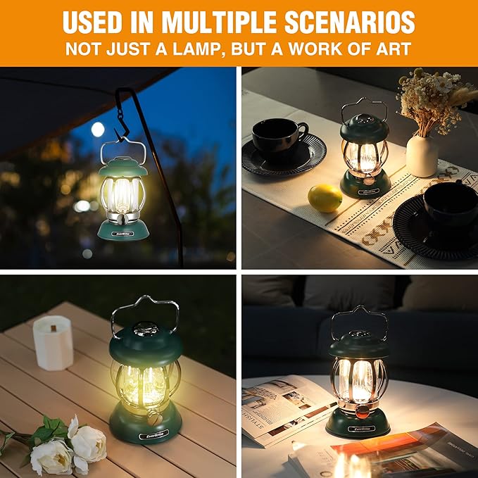 EverBrite Camping Lantern Rechargeable, Retro Metal Camping Light, 4400mAh Battery Powered Hanging Vintage Camping Lamp, 3 Light Modes, Outdoor Tent Light, Emergency Lantern for Power Outage - Green