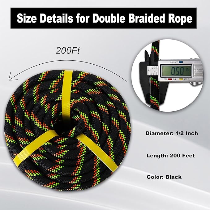 Double Braided Arborist Rope - 1/2 Inch x 200 Feet Polyester High Strength Climbing Rope for Tree Work, Swing, Halyard, Sailing(Black/Green/Orange)