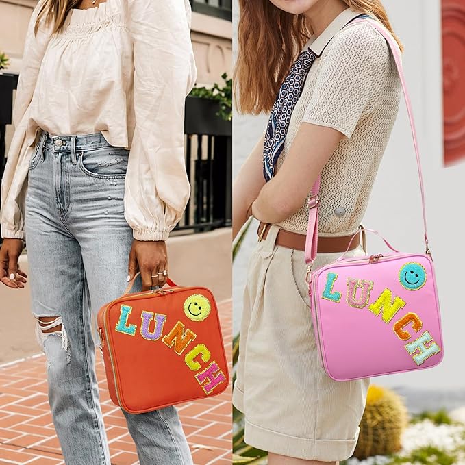 Insulated Lunch Bag Women Lunch Box Kids for Teen Girls Boys, Cute Preppy Lunch Boxes With Adjustable Shoulder Strap, Waterproof Nylon Lunchbox Lunch Bags for School Work Picnic (Pink)