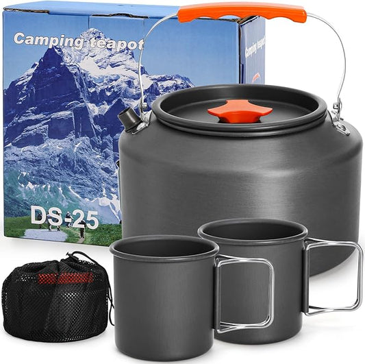 3 Pieces Camping Kettle, 2.5L Portable Camping Water Boiler with Storage Bag and 2 Cups, Coffee Tea Pot Set for Open Fire, Outdoor Activity, Stove, Hiking, Backpacking