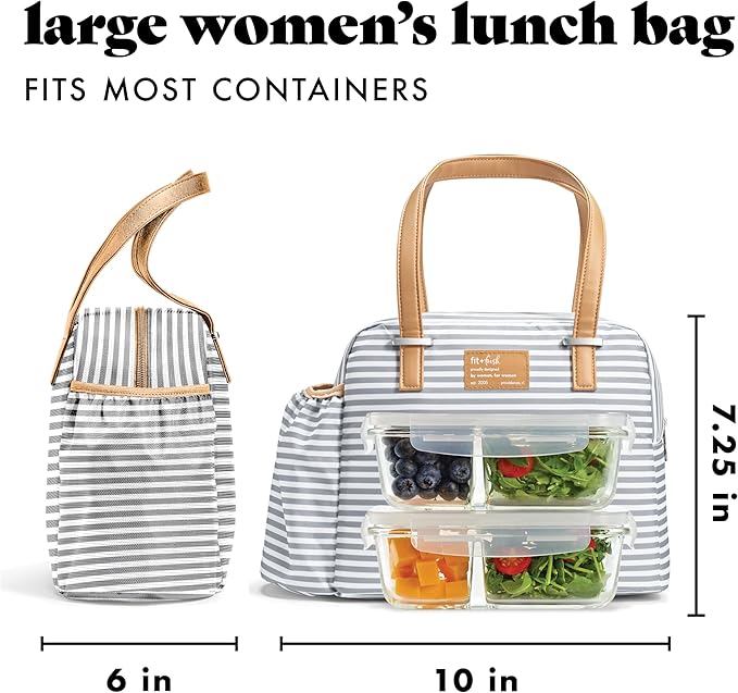 Fit & Fresh Insulated Leakproof & Stain-Resistant Large Lunch Box For Women With Expandable Bottle Pocket, Laketown Lunch Bag Gray Stripe