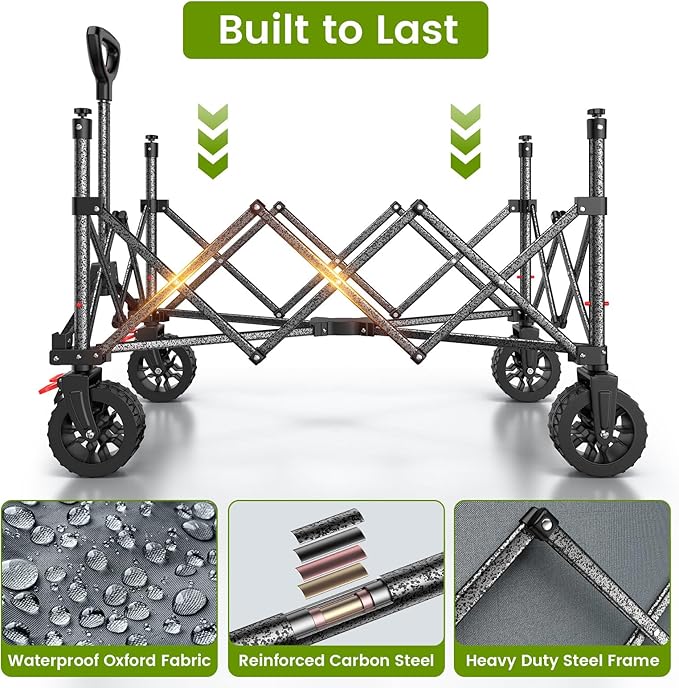 Collapsible Wagon Cart with Wider Wheels, 330lbs Heavy Duty Foldable Beach Wagon with Auto-Rebound Handle, 180L Utility Grocery Shopping Cart for Garden, Shopping, Camping, Sports, Gray