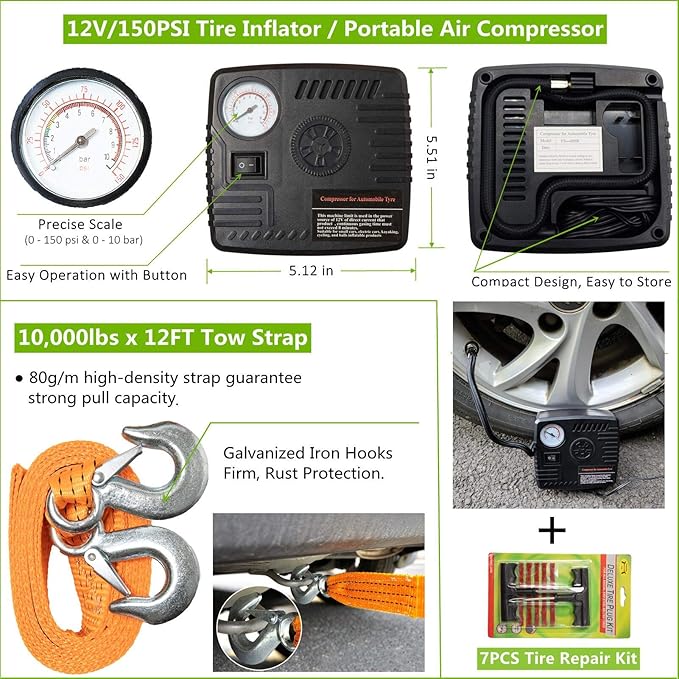 HolaKit 78-Piece Car Emergency Kit - Comprehensive Roadside Assistance Kit with Jumper Cables, Portable Air Compressor, Tow Straps, First Aid Kit, and Essential Safety Tools for Men and Women