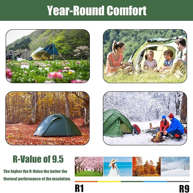 Self Inflating Sleeping Pad, 3.15" Ultra-Thick Memory Foam Camping Pad 4 Season Camping Pad for Easy Inflate&Deflate, 9.5 R-Value Insulated Camping Mattress Pad for Camp Travel Car Tent