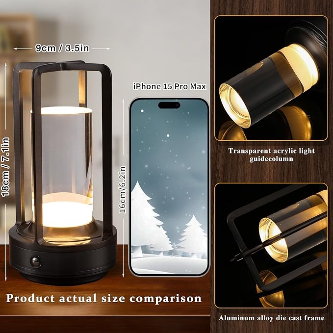 Portable Metal Table Lamp, Cordless Table Lamp, Rechargeable Battery Powered Portable LED Desk Lamp, 3 Color Stepless Dimming Touch, for Bedroom Restaurant Home Outdoor (Grey)