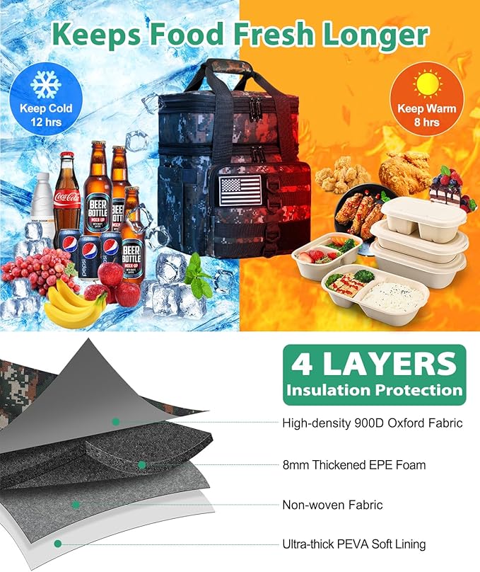 Tactical Lunch Box for Men, Large Insulated Lunch Bag Adult, Heavy Duty Double Deck Expandable Lunch Cooler Bag Leakproof Waterproof Lunch Tote for Work Office Camping Travel-Camo Green