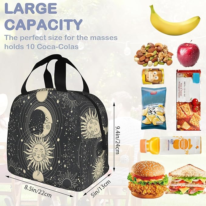 Insulated Lunch Bag, Gold Sun Moon Lunch Box for School Student Kids Boys Girls,Leakproof Small Lunch Tote for Adult Men Women,Reusable Lunch Cooler Tote Bag for Office Work Picnic