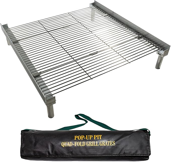 Fireside Outdoor Pop-Up Fire Pit Grilling Grate-Folding Grill Design for Outdoor Cooking, Portable Fire Pit Grill Grates, Camping Cooking, Foldable Campfire Grill Grate- Quad-Fold Folding Grill Grates