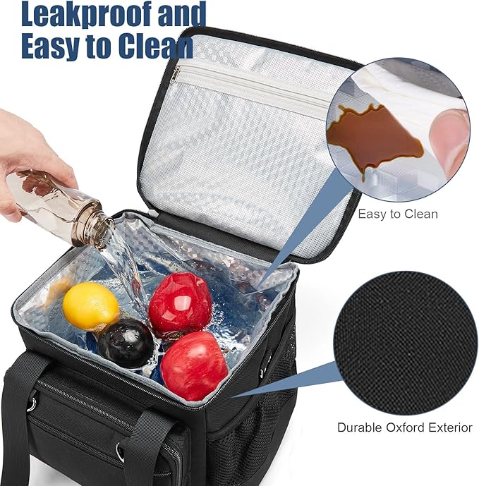 Insulated Lunch Box for Men/Women: Reusable Lunch Bag for Work Office Daytrip Picnic Beach - Leakproof Cooler Tote Bag Organizer for Adults - Black