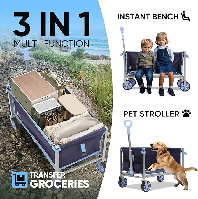 Foldable Wagon Cart 220lbs- 3 in 1 Collapsible Wagon Cart with Wheels, 2 Cup Holders, for Groceries, Camping, Shopping, Garden, Pet Riding-1 Year Warranty