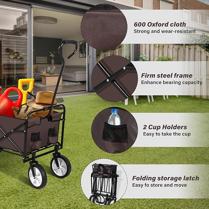 YSSOA Rolling Collapsible Garden Cart Camping Wagon, with 360 Degree Swivel Wheels & Adjustable Handle, 220lbs Weight Capacity,Brown