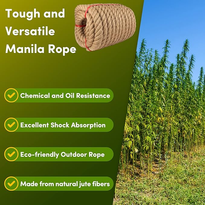 Manila Rope 1.5in x 100ft,Natural Hemp Rope,Thick Large Decorative Hemp Nautical Ropes,Twisted Manila Ropes Great for Gardening,Railings,Hammock Nautical