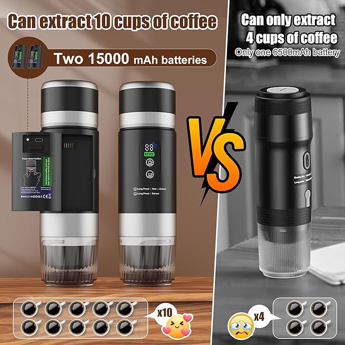 Portable Coffee Machine with 2 Removable rechargeable Batteries 15,000mAh, Electric Coffee Maker for Camping & Travel, 80ml Hot/Cold Coffee, 20bar, USB-C Espresso Machine, Camping Coffee Makers Black