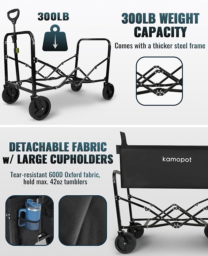 Large Collapsible Wagon Foldable for Grocery, Beach, Park, Yard, 34" x 18" Inner Storage. 300lb Heavy Duty Folding Utility Cart on Wheels w/Cupholders