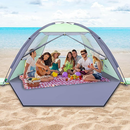 Happy Travel Beach Tent, UPF 50+ UV Protection Sun Shade Shelter for 3/4/5/6/7/8 Person, Portable Beach Canopy for Family & Baby, Lightweight & Easy Setup Beach Cabana with 3 Ventilation Mesh Windows