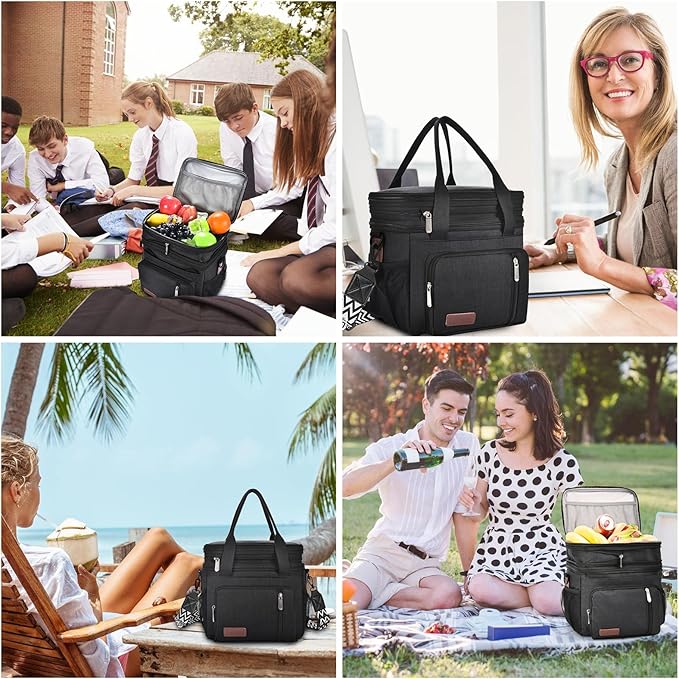 LOKASS Lunch Box for Men/Women-16L-Insulated Lunch Bag, Expandable Double-layer Leakproof Cooler Bag with Upgrade Adjustable Shoulder Strap Ideal for Work/Travel/Picnics（Black）
