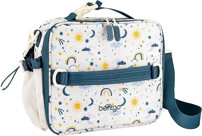 Bentgo Kids Lunch Bag - Durable, Double-Insulated Lunch Bag for Kids 3+; Holds Lunch Box, Water Bottle, & Snacks; Easy-Clean Water-Resistant Fabric & Multiple Zippered Pockets (Friendly Skies)