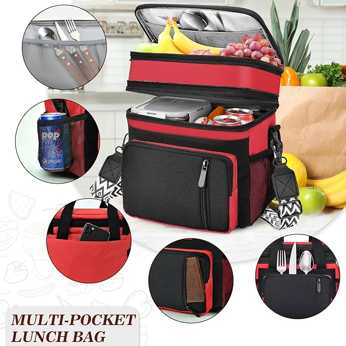 LOKASS Lunch Box for Women/Men-16L-Insulated Lunch Bag, Expandable Double-layer Leakproof Cooler Bag with Upgrade Adjustable Shoulder Strap Ideal for Work/Travel/Picnics（Red&Black）