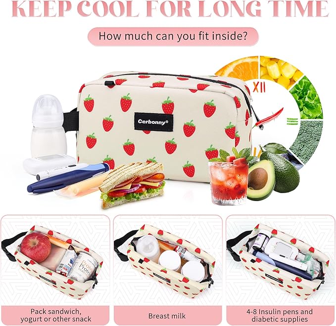 Small Cooler Bag Freezable Lunch Bag for Work School Travel,Small Lunch Bag,insulated snack bag For Adults/Kids,Mini Cooler,Lunch bag small Fit For Yogurt（Strawberries）