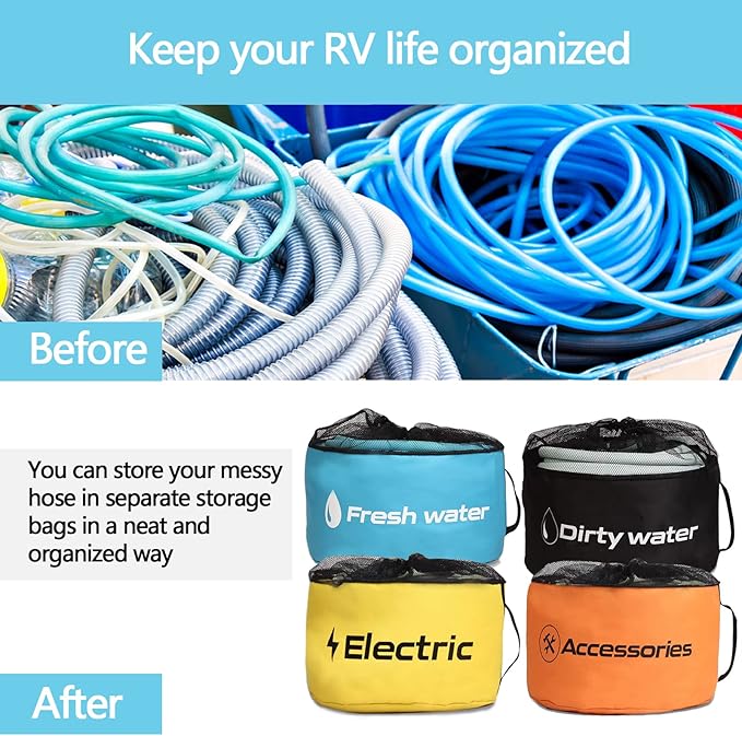 RV Hose Storage of 4 Pack, RV Accessories Storage Bag with 4 Storage Straps for Sewer Hoses/Fresh Water Hoses/Electrical Cords/Camper Tools Accessories