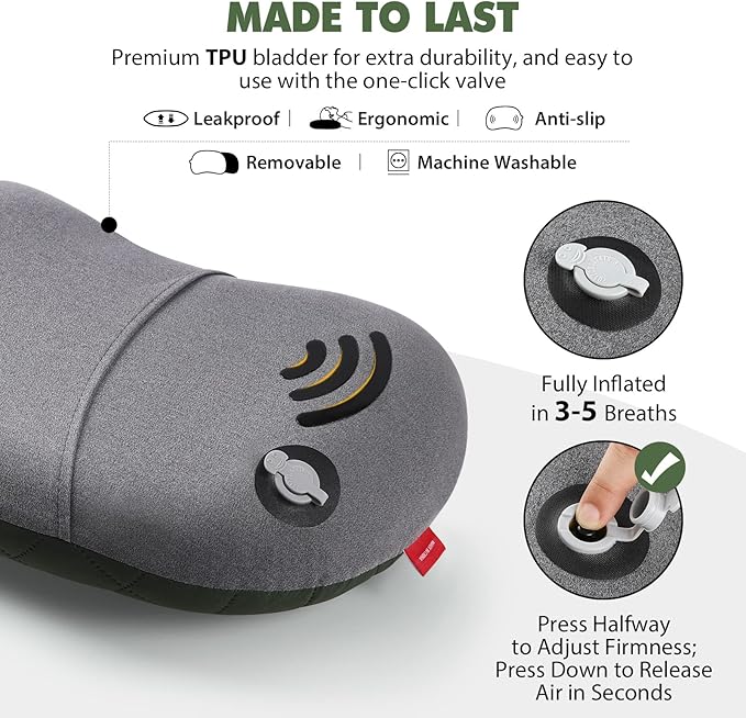 Hikenture Camping Pillow Inflatable, Washable Backpacking Pillow for Sleeping, Ultralight Blow Up Pillows with Removable Cover, Portable&Compact Hiking Pillow for Beach, Travel, Outdoor(Green)