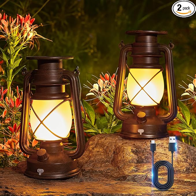 KOOPER Solar Lantern Outdoor Lights, Vintage Flickering Flame Solar Lanterns Lights Outdoor Waterproof, Hanging Outdoor Solar Lanterns Lights, Rechargeable Lantern for Yard Garden Table Decor 2 Pack