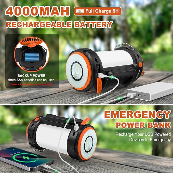 4000mAh LED Camping Lantern, Battery Powered LED with Reading Lamp, 3 Perfect Lantern Flashlight for Hurricane, Emergency, Survival Kits, Hiking, Fishing, Home