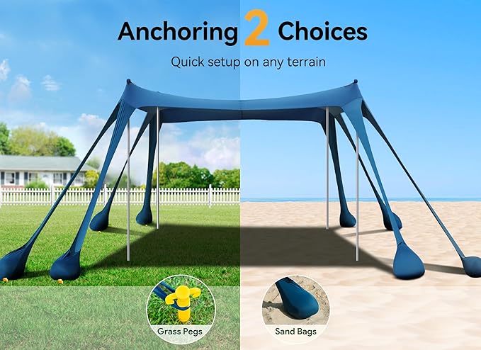 Beach Tent, Beach Canopy Sun Shade with UPF50+ UV Protection, 10x10ft, Includes 8 Sandbags, Sand Shovel, Ground Pegs & 4 Stability Poles, Pop Up Sun Shelter for Camping, Picnics, Backyard Fun