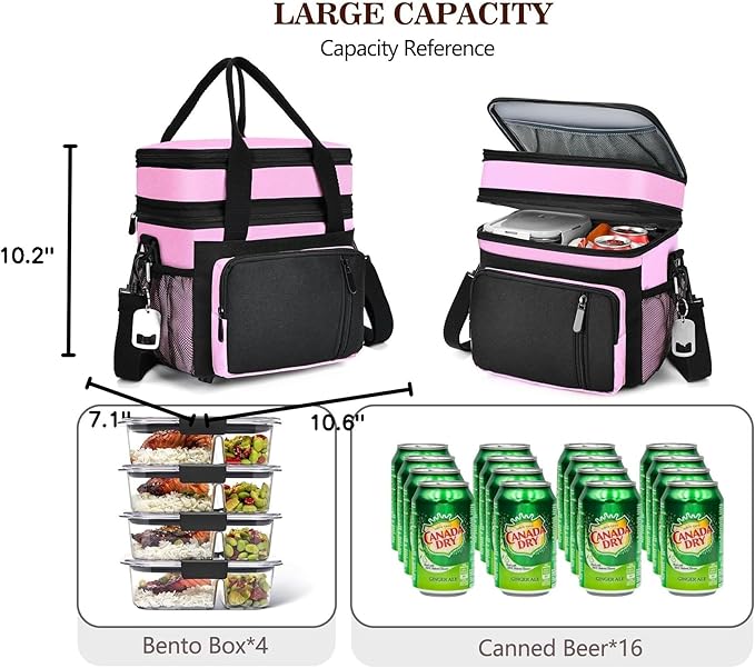 Lunch Bag Women & Lunch Box for Women, Large Insulated Adult Lunch Box, Leakproof Cooler Lunchbox with Bottle Opener for Work Picnic Beach, 16L, Pink