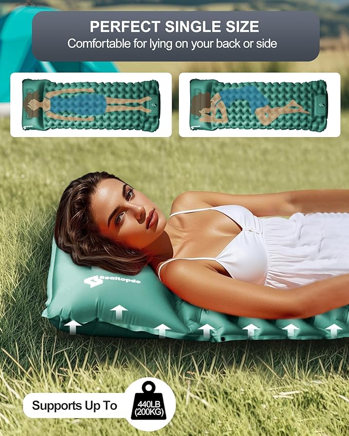 Inflatable Camping Sleeping Pad with Pillow & Foot Pump, 3"x79"x26" Single Camping Air Mattress, Compact Roll-Up, Quick-Dry & Durable Sleeping Mat for Backpacking, Hiking, Tent, Travel – Lake Green