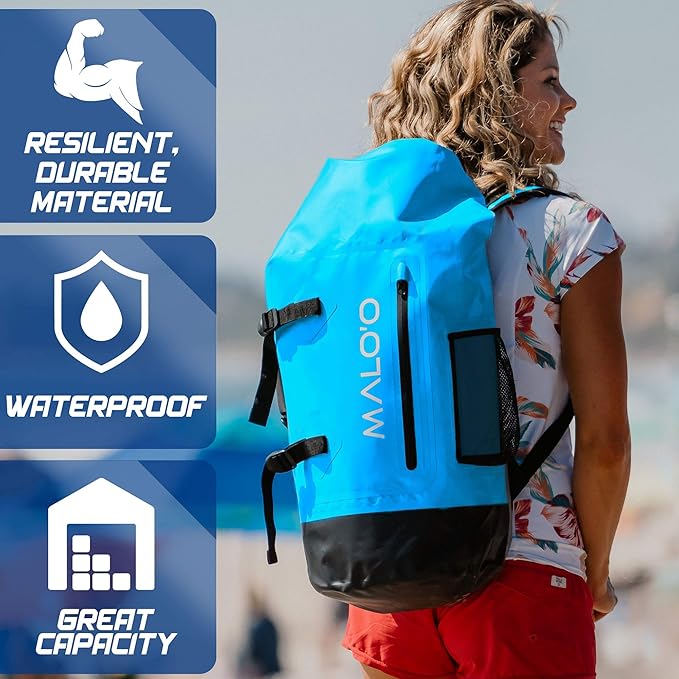Malo'o 45L Waterproof Heavy Duty Backpack Dry Bags for Kayaking, Camping, Fishing, Hiking Daypack - Beach Accessories, Boat accessories, and Travel Gear - Fishing Rod Case Straps