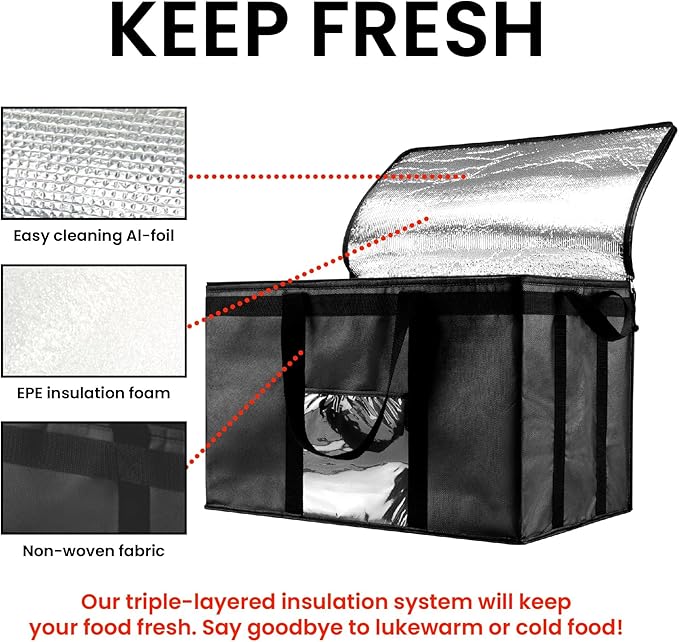 NZ home Insulated Cooler Bag and Food Warmer (3XL, 10-Pack) for Delivery & Grocery Shopping with Zippered Top, Black