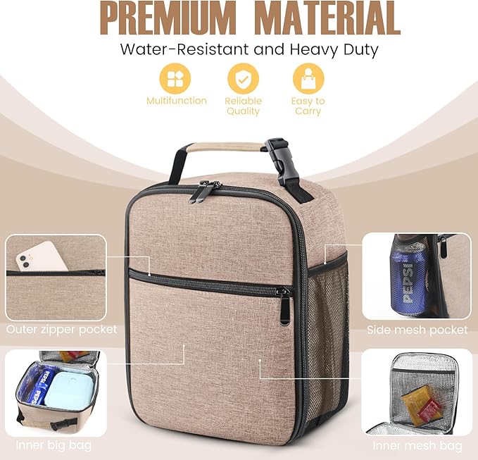 Lunch Bag for Men/Women, Reusable Lunchbox for Adult, Small Insulated Lunch box, Lunch Tote Bag for Office, Work, Picnic - Khaki