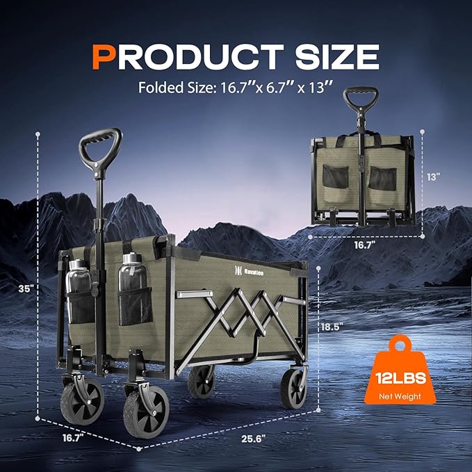Navatiee Portable Foldable Collapsible Wagon with Wheels, 220lbs Weight Capacity Utility Grocery Shopping Cart, Lightweight Mini Folding Wagon for Outdoor, Khaki