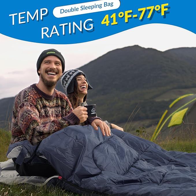 Double Sleeping Bag with 2 Pillows for Adults, Queen Size XL Sleeping Bag Waterproof, Compact with Compression Sack, 2 Person Sleeping Bags for 3-4 Seasons Camping, Backpacking, Hiking, Travel