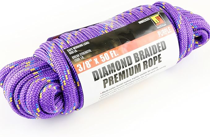 Wellmax Diamond Braid Nylon Rope, 3/8 in X 50 Foot, UV Resistant, High Strength and Weather Resistant - Purple