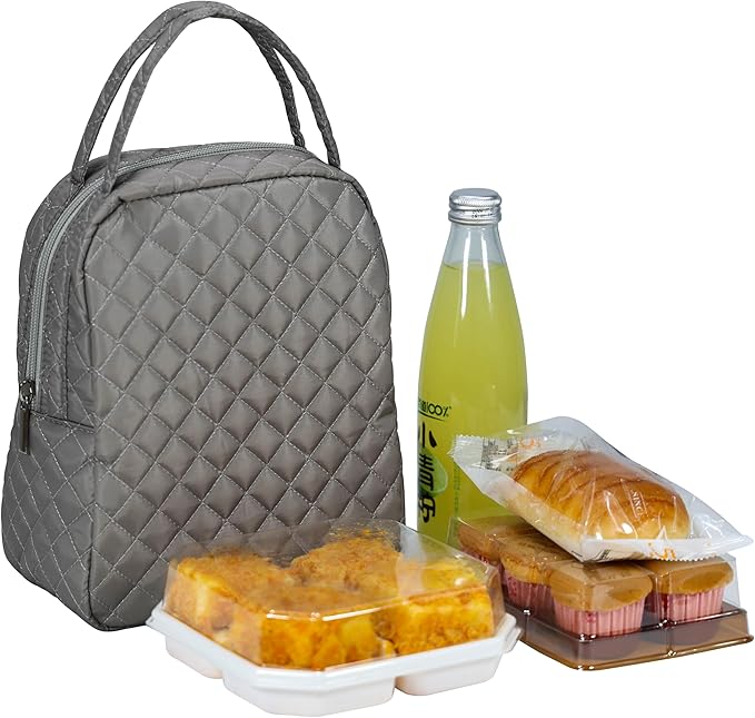 Machine Washable Women Quilted Fabric Insulated Reusable Cooler Lunch Bag Tote Adult Thermal Lunch Box Storage Bag for Ｗork (Grey)