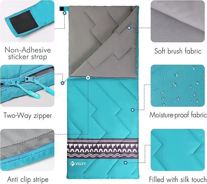 VILLEY Camping Sleeping Bag, Lightweight Backpacking Sleeping Bag with Compression Sack for Adults & Kids, Outdoor Camping Hiking Equipment for 3 Season Warm & Cool Weather - Summer, Spring, Fall