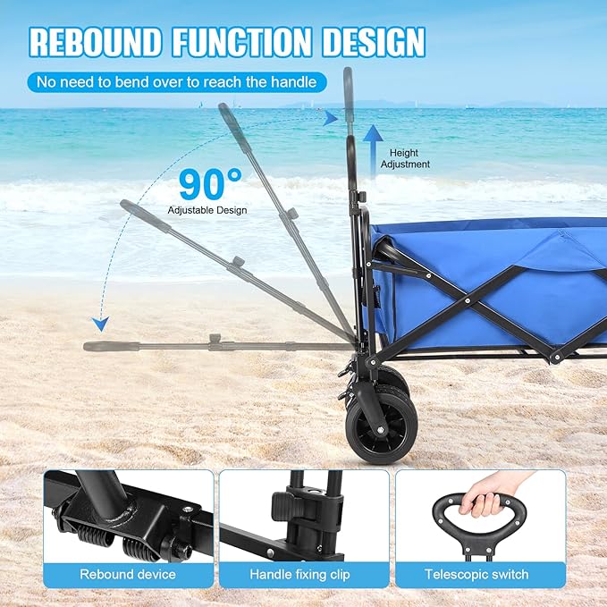 Beach Wagon,Collapsible Foldable Wagon Cart with Big Wheels,Utility Folding Grocery Lounge All Terrain Wagon with Side Pocket and Brakes for Sand Camping Sports Outdoor(Blue).