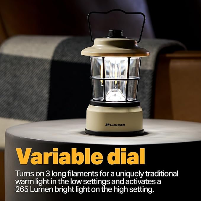 LUXPRO Retro LED Lantern - Battery-Powered Emergency Lantern - Water Resistant - Bright LED Lamp for Indoor & Outdoor Use - Use for Tents, Hiking or Hurricane Prep - Beige
