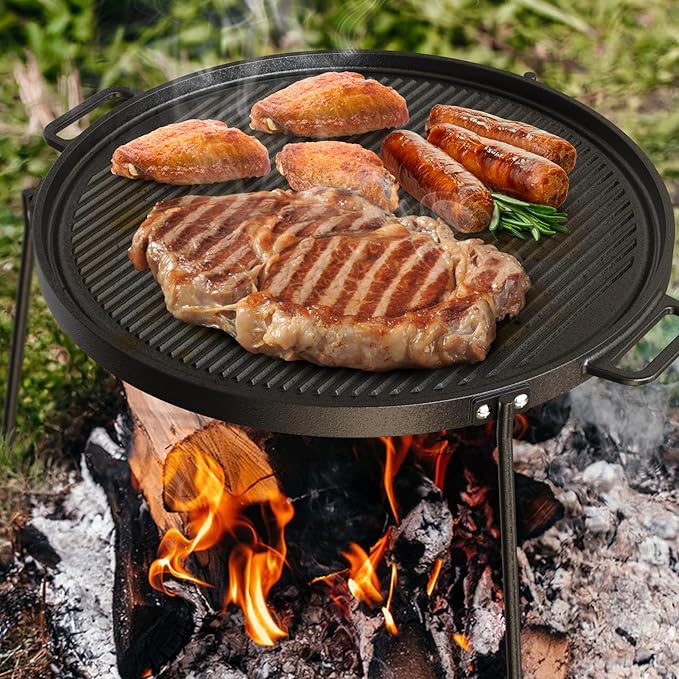 Onlyfire 18" Campfire Grill Griddle, Double Sided Reversible Portable Campfire Grill, Cast Iron Camping Griddle with Handles, 3 Removable & Height Adjustable Legs, Perfect for Grills and Outdoor BBQ