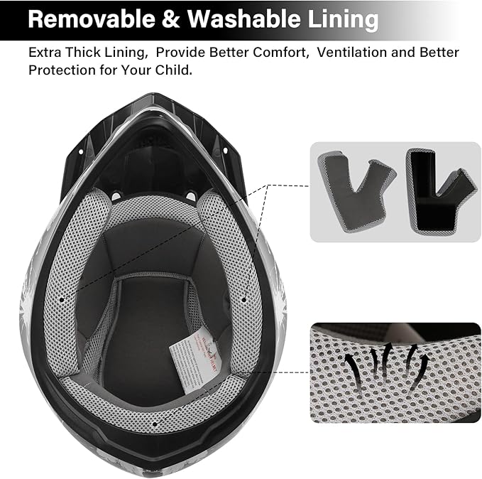 TCT-MOTORPARTS DOT Youth Kids Motocross ATV Helmets Offroad Street Dirt Bike Go-Kart BMX MX Full Face Helmet Black w/White Fireworks X-Large Size