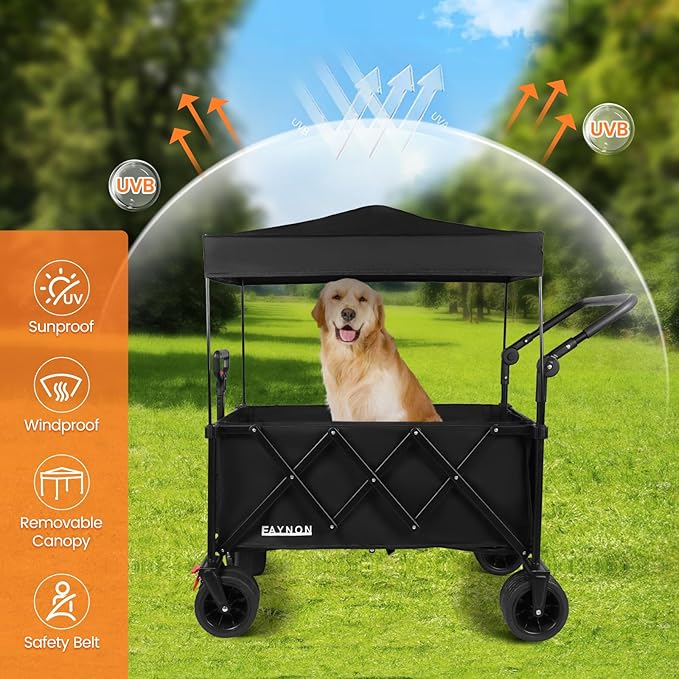 2 in 1 Collapsible Wagon with 300lbs Weight Capacity,150L Heavy Duty Utility Cart with Removable Canopy,with Big All-Terrain Beach Wheels & Drink Holders,Black